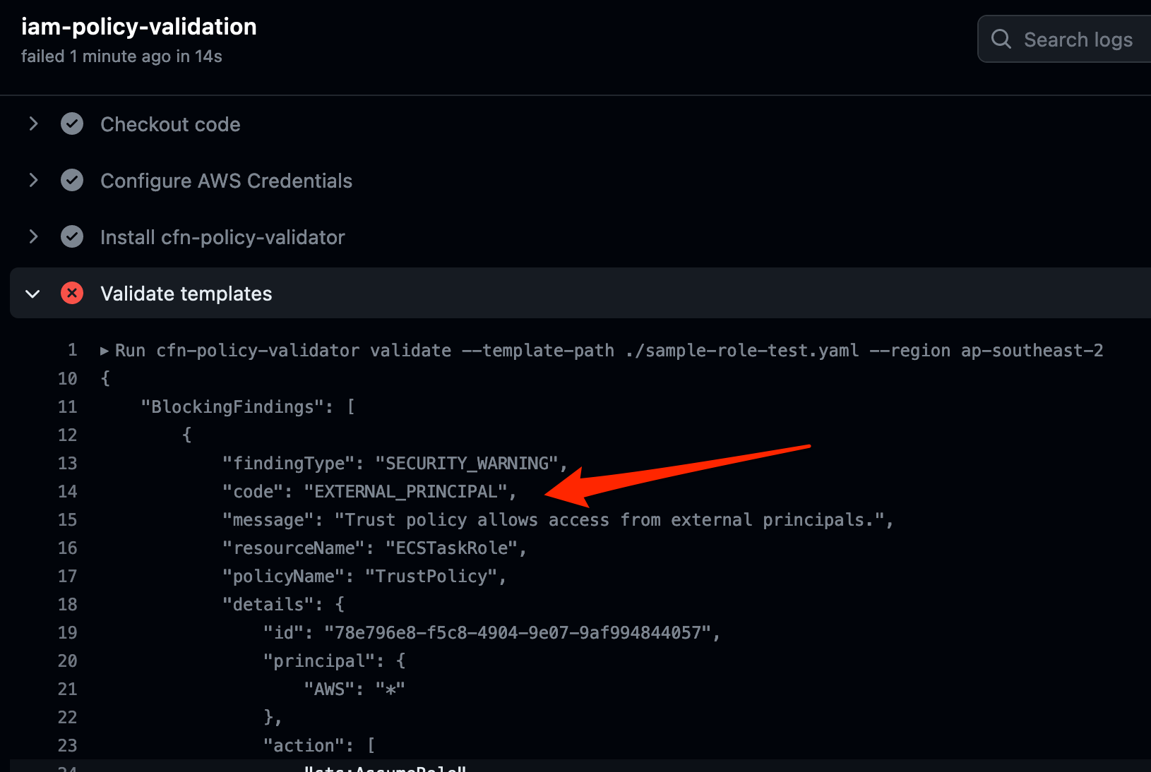 Figure 5: Details logs from the workflow showing the blocking finding