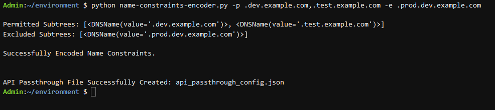 Figure 1: Command line output example for name-constraints-encoder.py