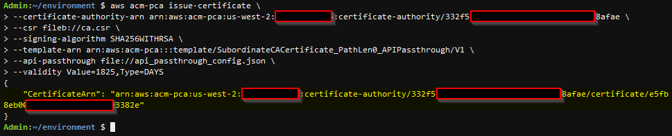 Figure 4: Issuing a certificate with name constraints from the root CA using the AWS CLI