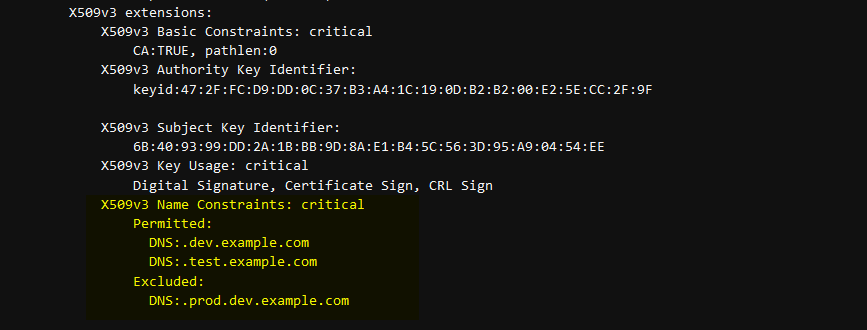 Figure 5: Verifying the X509v3 name constraints in the newly issued certificate using openssl