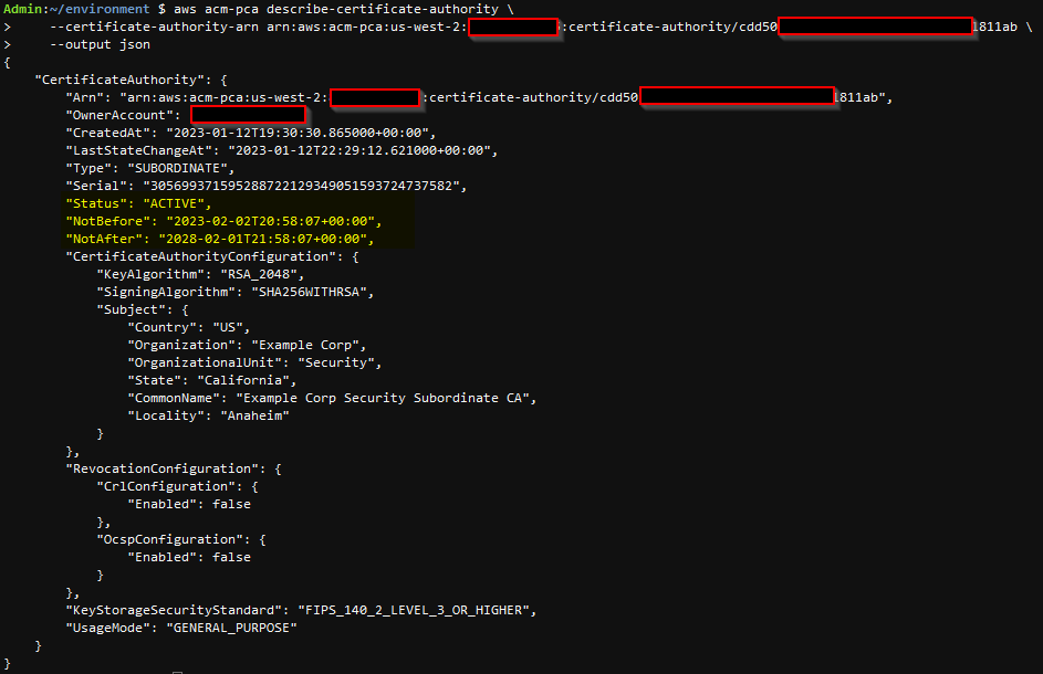 Figure 6: Verifying subordinate CA details using the AWS CLI