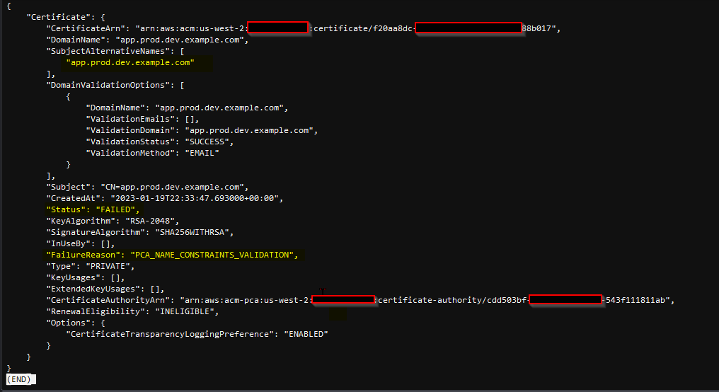 Figure 7: Verifying the status of the certificate request using the AWS CLI describe-certificate command