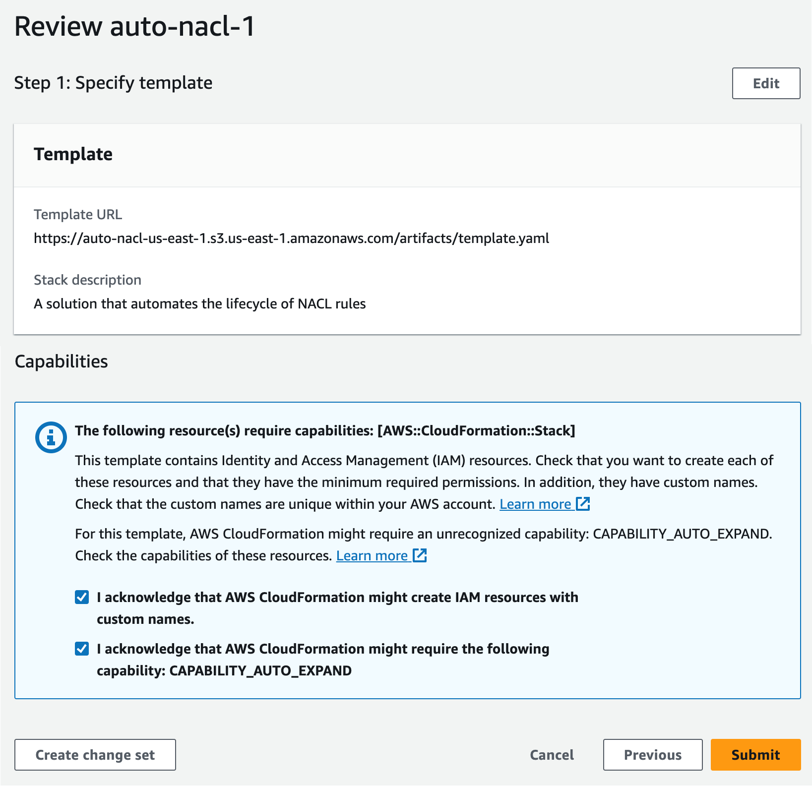 Figure 10: Acknowledge the capabilities required by CloudFormation