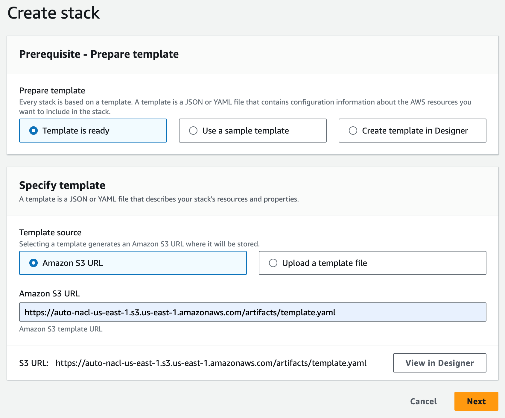 Figure 7: Specify the CloudFormation template