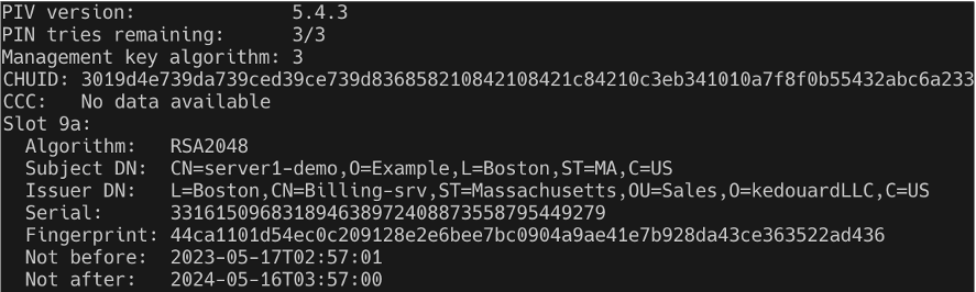 Figure 3: YubiKey Manager CLI output for the PIV information