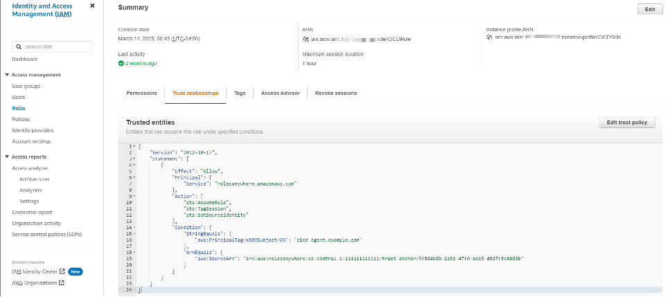 Figure 4: IAM Roles Anywhere updated trust policy
