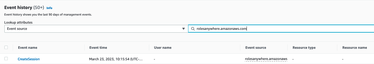 Figure 4: CloudTrail Events filtered on the “IAM Roles Anywhere” event source