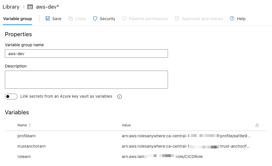 Figure 6: Azure DevOps configuration steps: Adding IAM Roles Anywhere variables