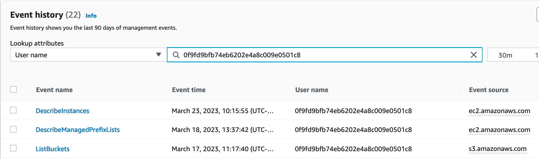 Figure 6: CloudTrail console events filtered by the username associated to our certificate on the security module