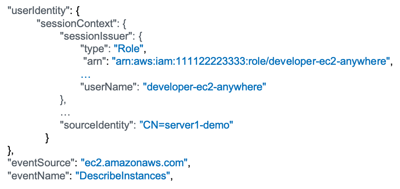 Figure 7: The event record in the CloudTrail console for the EC2 describe instances call, with details on the assumed role and certificate CN.