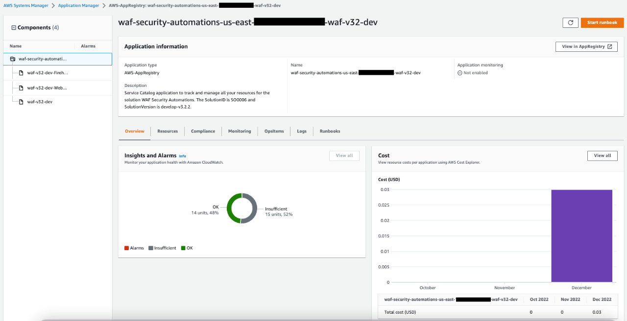 Figure 2: Example of the application view for the Security Automations for AWS WAF stack in Application Manager