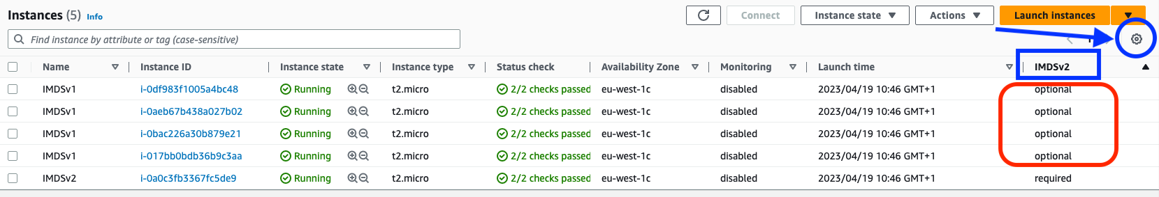 Figure 1: Example of IMDS versions for EC2 instances in the console