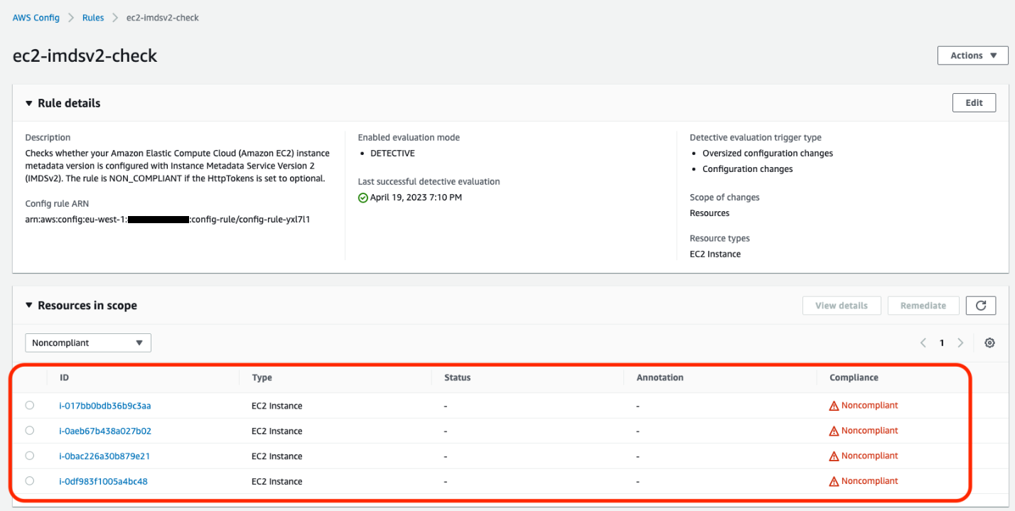 Figure 2: Example of noncompliant EC2 instances in the AWS Config console