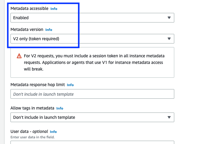 Figure 8: Modifying the IMDS version in the EC2 launch templates