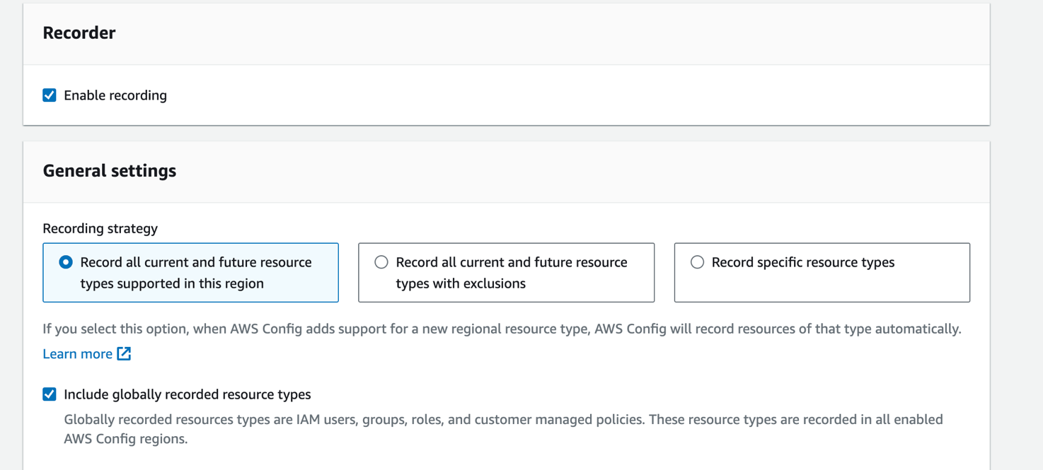 Figure 1: AWS Config settings page showing inclusion of globally recorded resource types