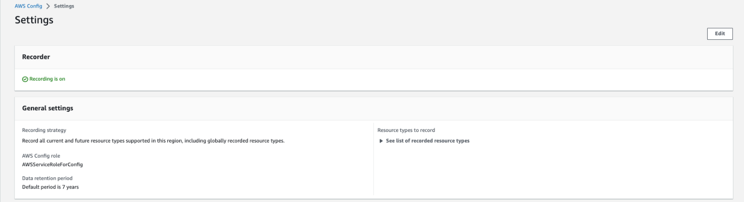 Figure 2: AWS Config settings page showing recorder settings