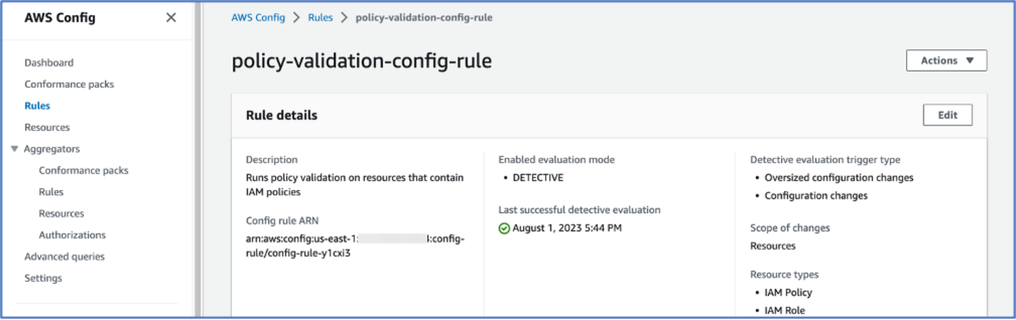 Figure 4: AWS Config rules page showing the rule details