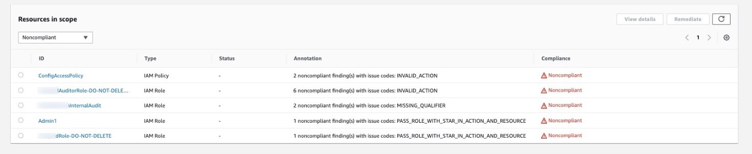 Figure 5: AWS Config rules page showing noncompliant resources 