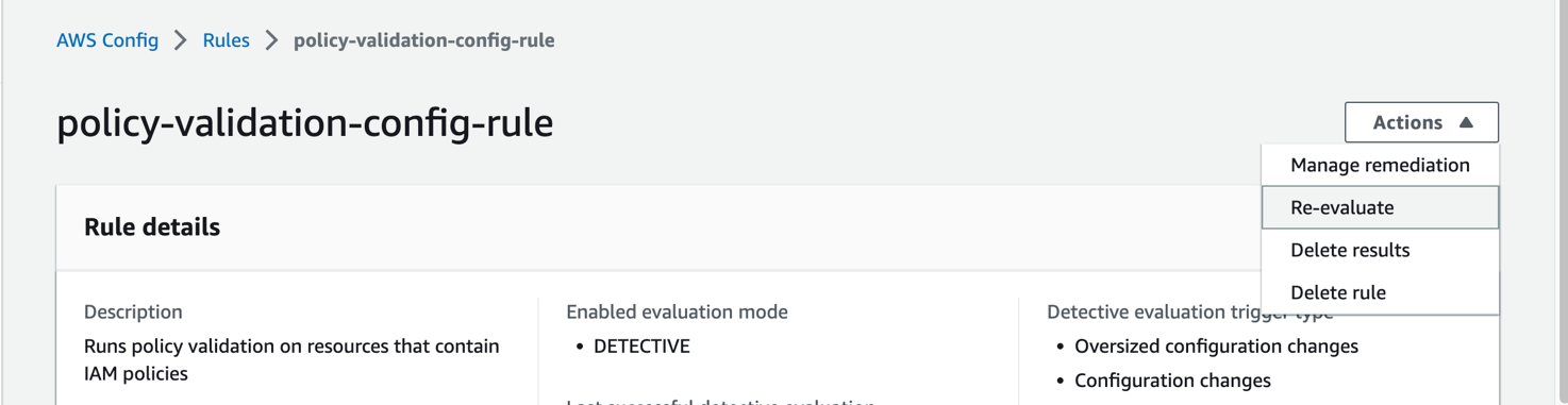 Figure 6: AWS Config rules page showing evaluation invocation