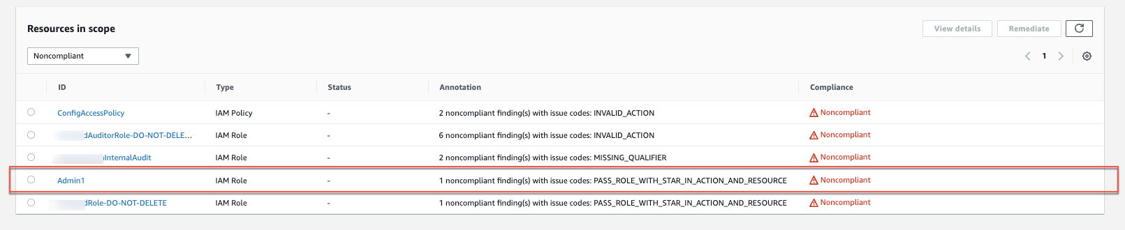 Figure 7: AWS Config rules page showing a noncompliant administrator role