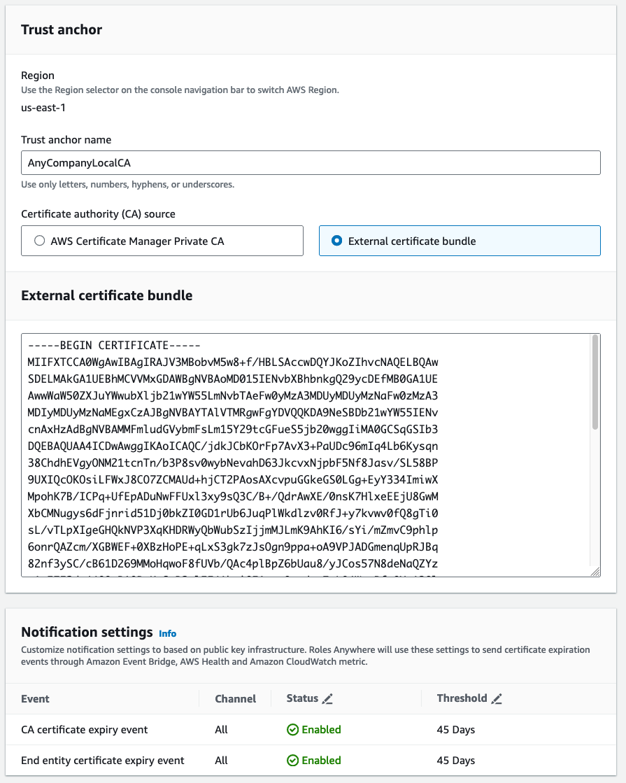 Figure 1: Use the console to set up a trust between IAM Roles Anywhere and the private CA