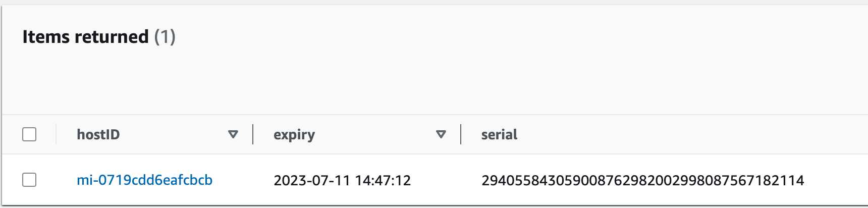 Figure 10: DynamoDB table item with certificate expiration and serial for a host