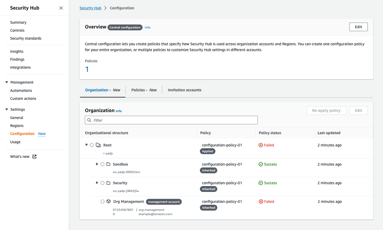 Figure 4: The Organization tab on the <strong>Configuration</strong> page shows all your organization accounts, if they are being managed by a policy, and the policy status for each account and OU