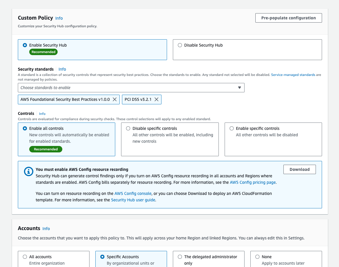 Figure 5: Creation of a new policy with the FSBP and the PCI DSS standards