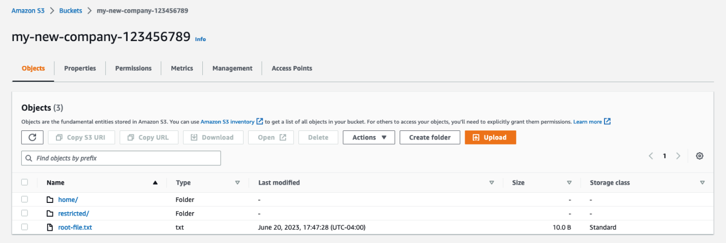 Figure 1: Screenshot of the root of the my-new-company-123456789 bucket