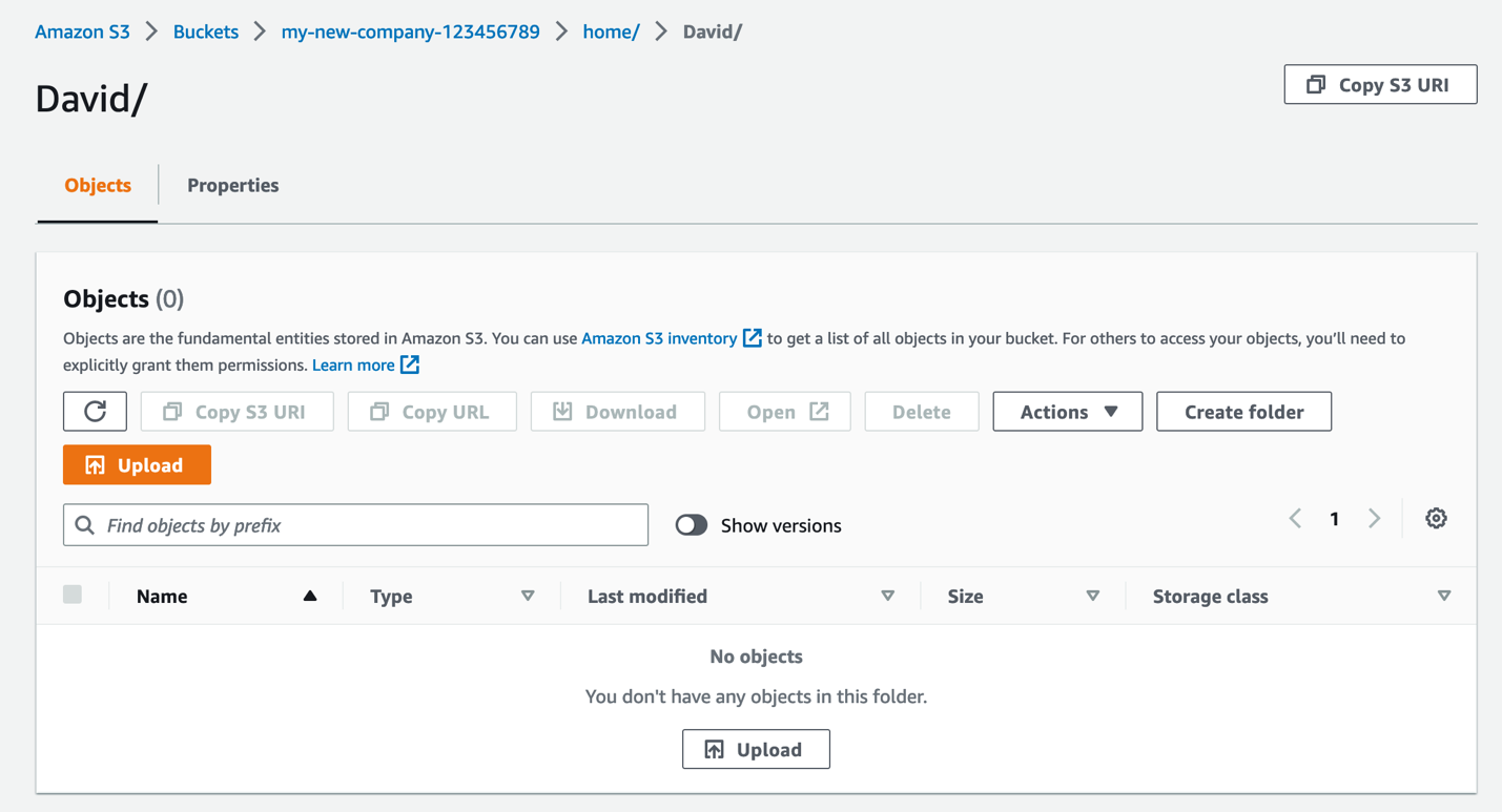 Figure 14: Screenshot of my-new-company-123456789 bucket in the AWS console.