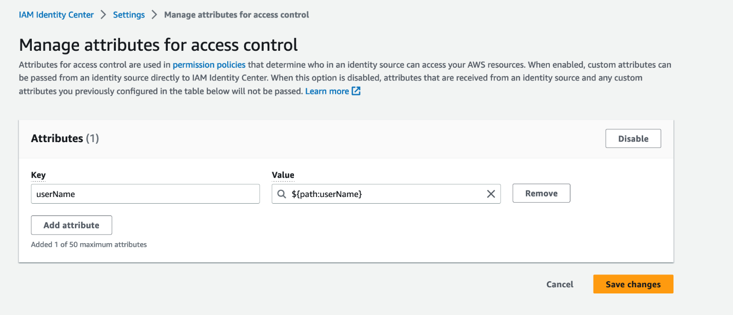 Figure 16: Screenshot of managing attributes inside Identity Center settings.