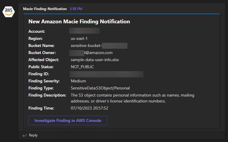 Figure 10: Macie medium severity finding notification