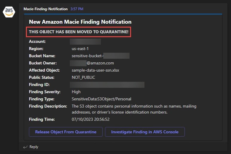 Figure 11: Macie high severity finding notification