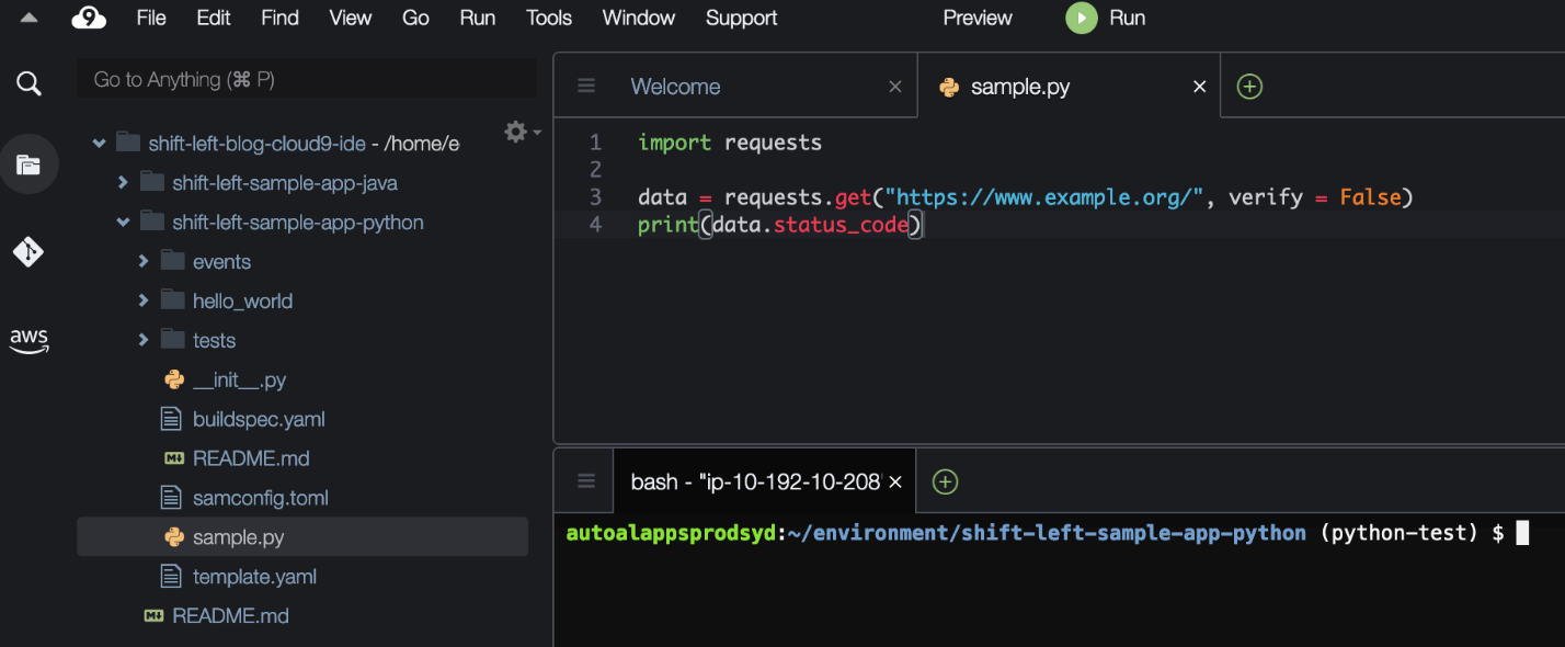 Figure 16: Cloud9 IDE sample.py