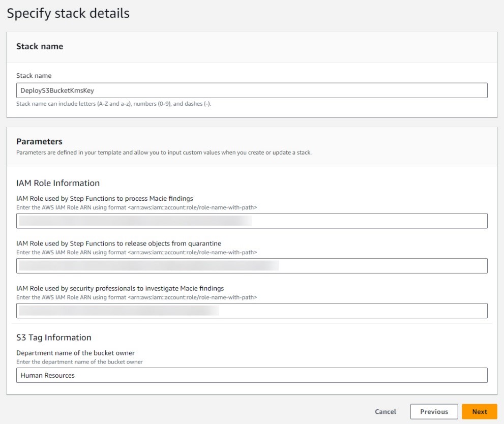 Figure 6: Deploy S3 bucket and KMS key stack details