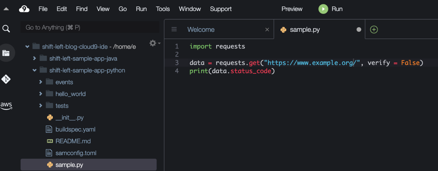 Figure 8: Cloud9 IDE noncompliant code