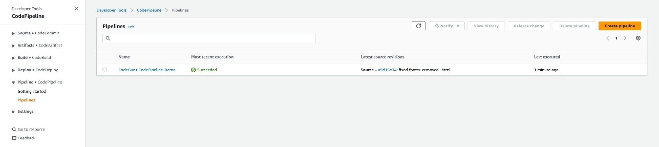 Figure 14: CodePipeline dashboard with successful security scan