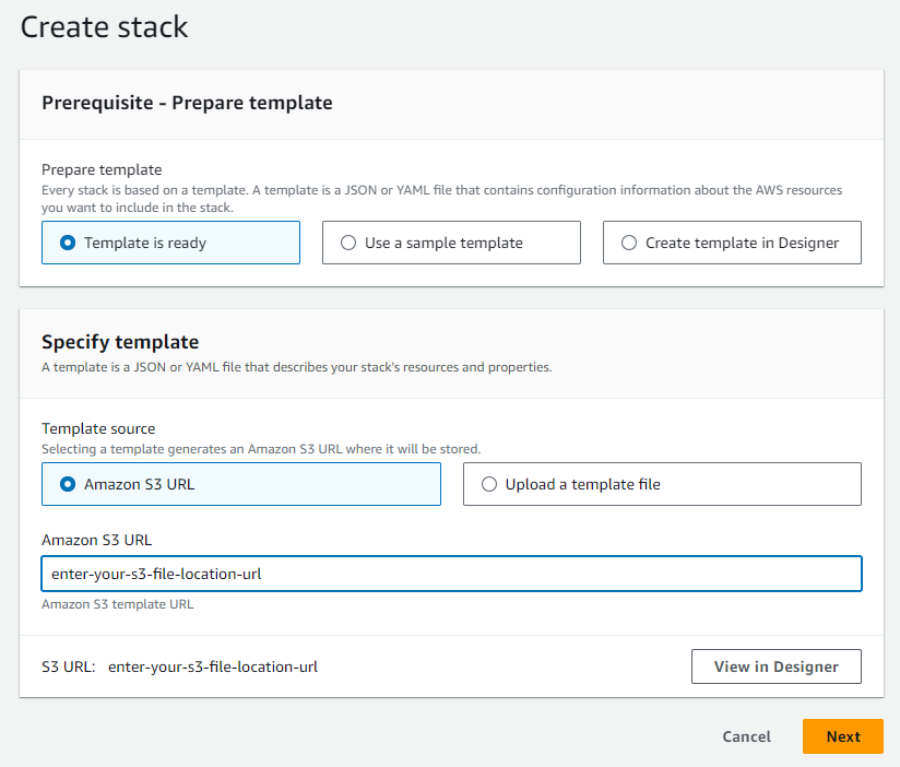 Figure 8: Specify S3 URL for CloudFormation template