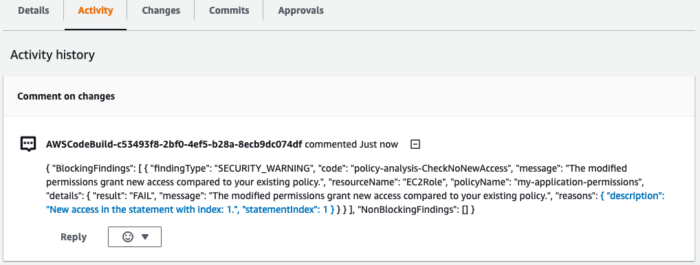 Figure 6: Results from the failed validation posted as a comment to the pull request