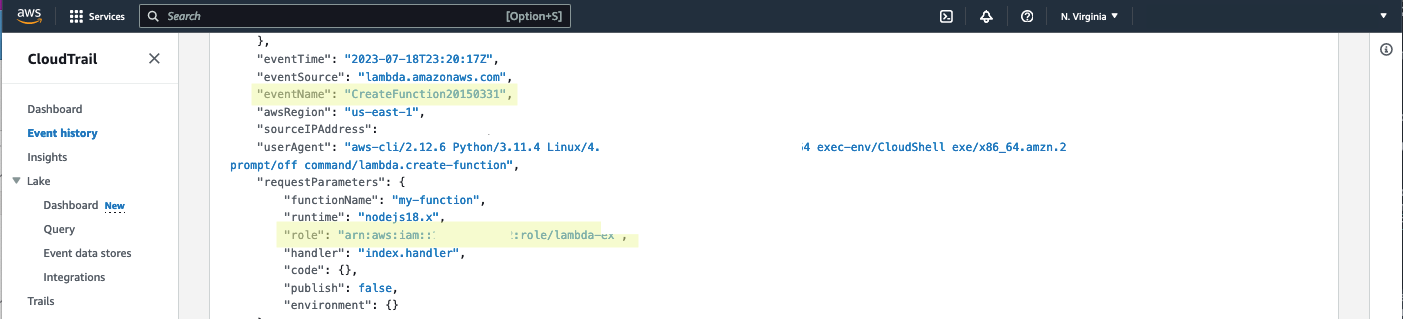 Figure 2: CloudTrail log of a CreateFunction API call