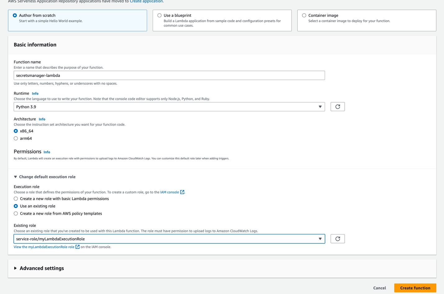 Figure 1: create a Lambda function to access secrets