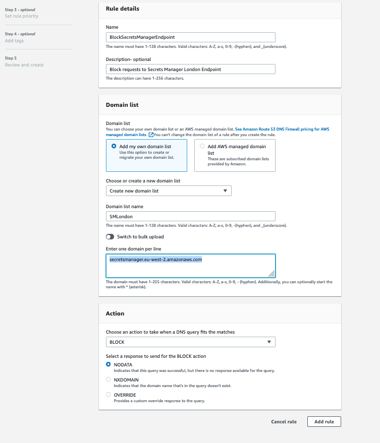 Figure 4: Set up rule details, domain list, and action