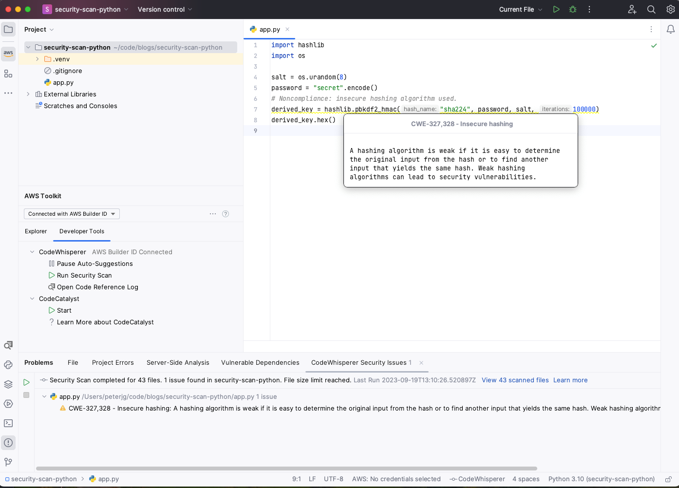 Figure 10: Code highlighted with issue CWE-327,328 – Insecure hashing