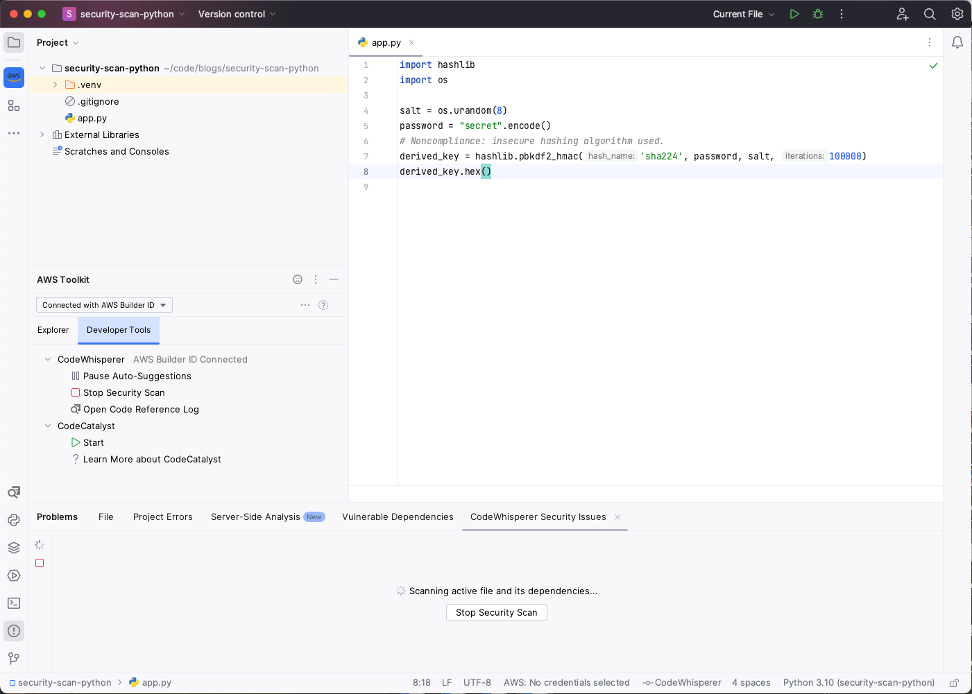 Figure 9: AWS Toolkit window with security scan in progress