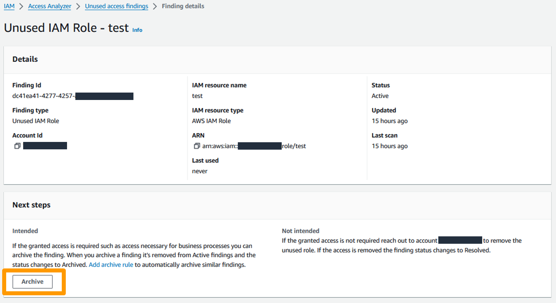 Figure 6: Archive finding in the AWS management console