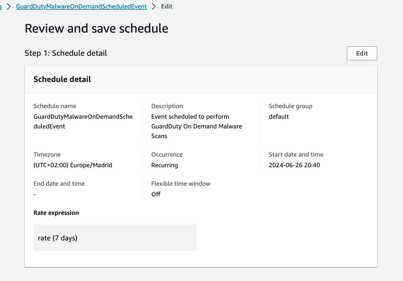 Figure 16: EventBridge schedule summary