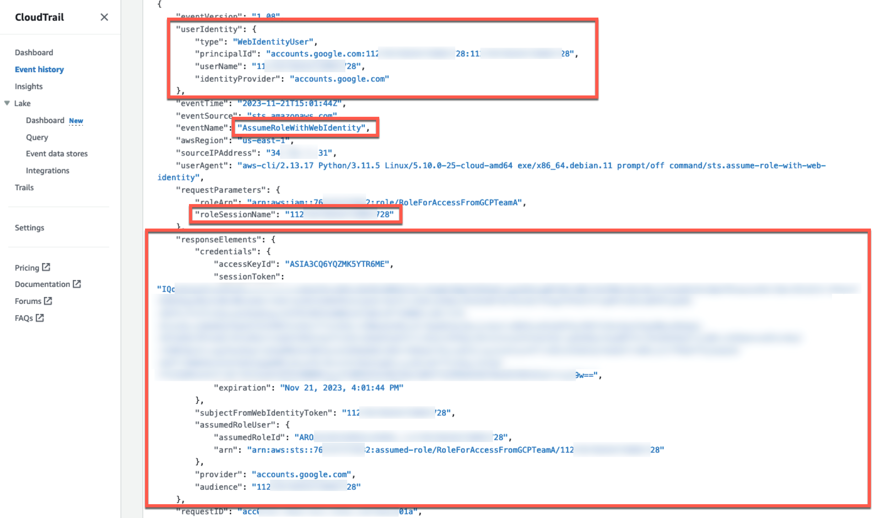 Figure 3: CloudTrail event for AssumeRoleWithWebIdentity API call from GCP VM