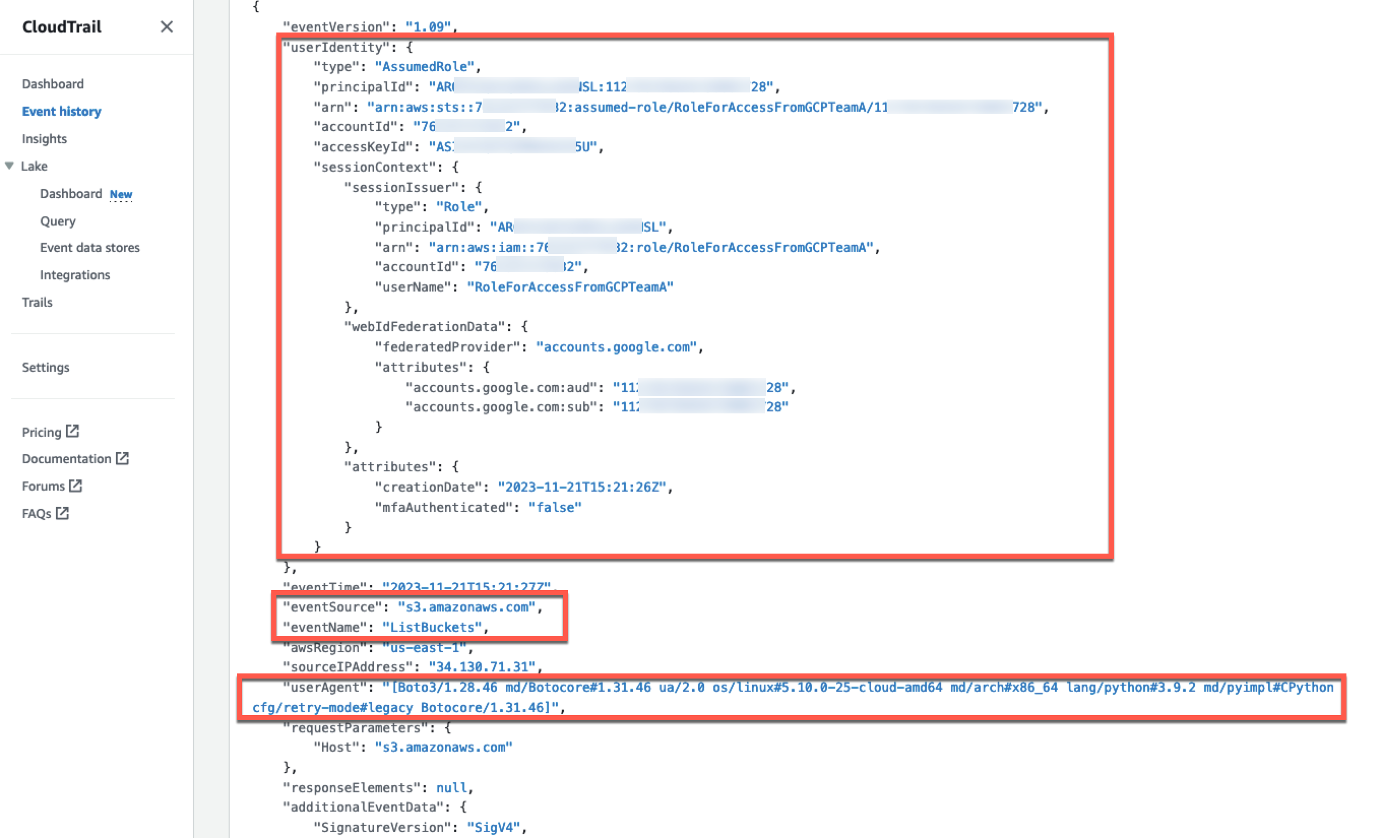 Figure 4: CloudTrail event for S3 API call made with federated identity session