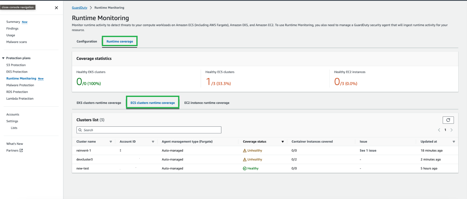 Figure 11: GuardDuty Runtime ECS coverage status overview