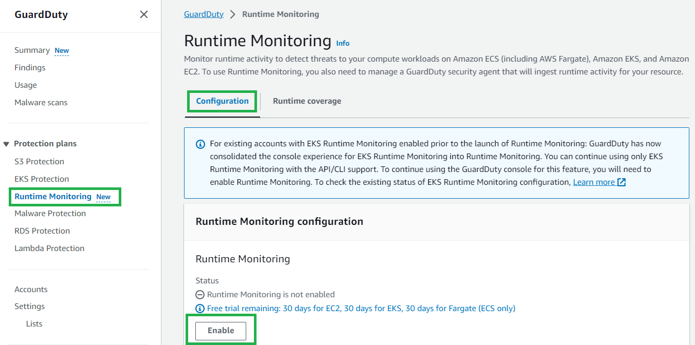 Figure 12: Enable GuardDuty runtime monitoring